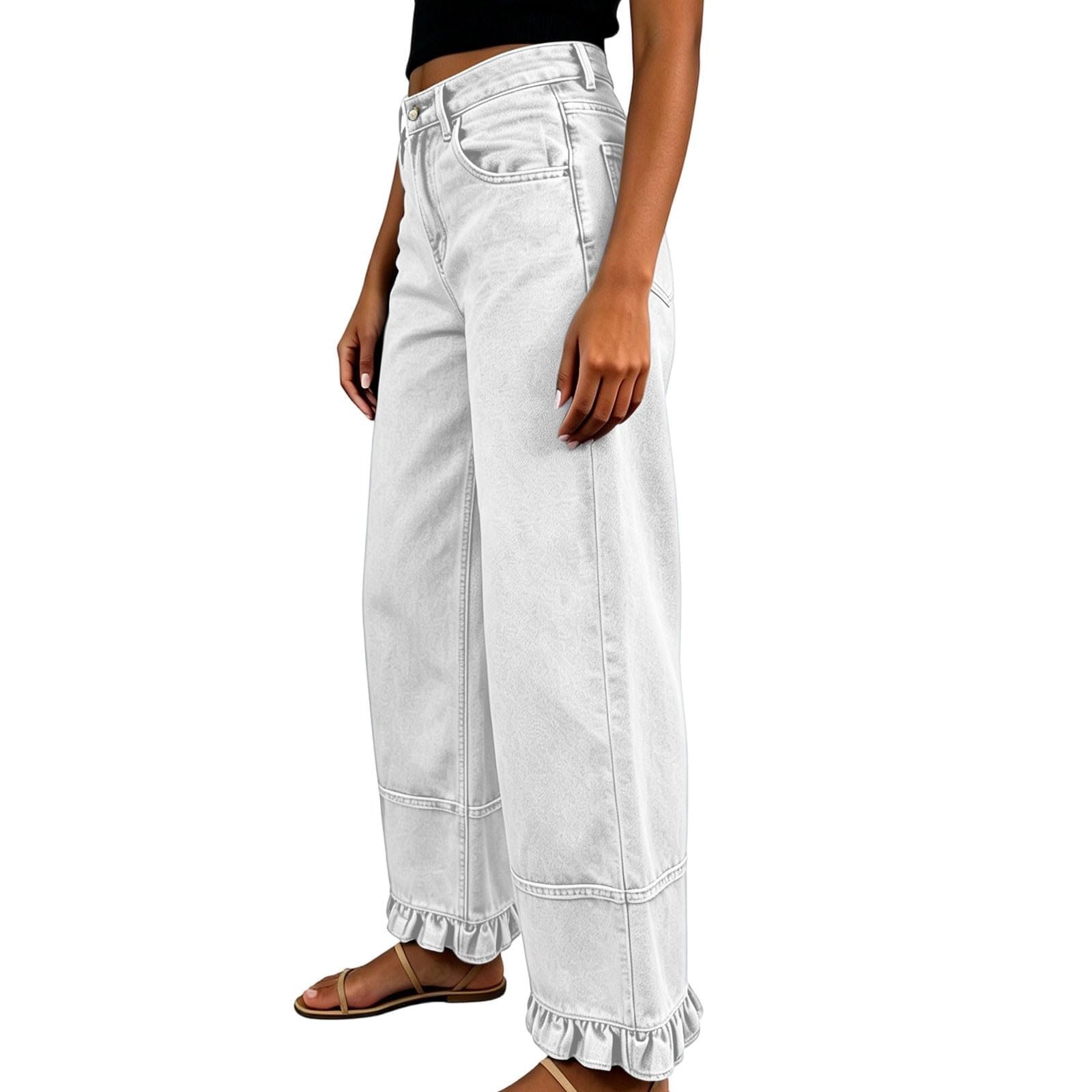 Jeans da Donna Eleganti a Gamba Larga in Tinta Unita con Una Delicata Balza