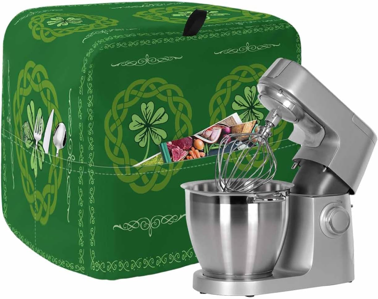 St. Patrick's Day Stand Mixer Cover with Storage Pocket, Waterproof Kitchen Mixer Covers, Green Country Lucky Leaves Chic Border Kitchen Appliance Dust Cover Compatible with 4/4.5 Quart Mixers