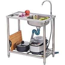 Free Standing Kitchen Sink, Stainless Steel Sink with Drainer Unit & Faucet, Commercial Sink Washing Hand Basin for Garage, Restaurant, Kitchen, Bar, Garage, Backyard Handwashing