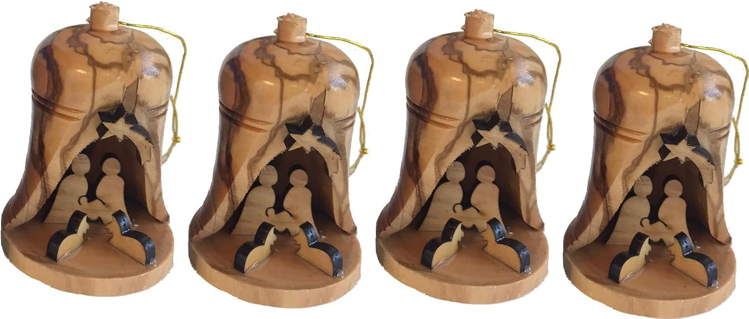 Holy Land Market Olive Wood Christmas Ornaments - Handmade Tree Hanging Bells, Wooden Nativity Ornaments from The Holy Land (Set of 6, 1.5 in)