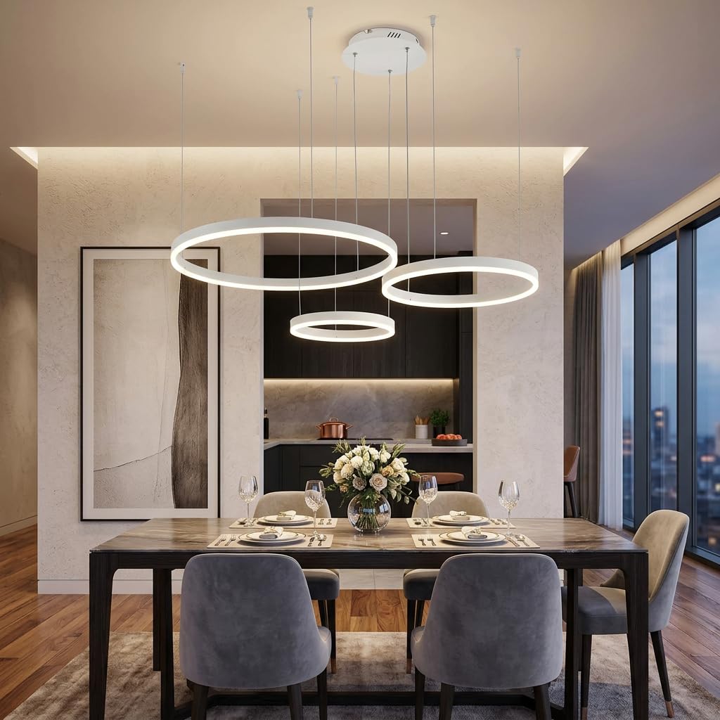 Żyrandol wiszący LED 3 pierścienie 30/40/60 cm, możliwość ściemniania za pomocą pilota | Minimalizm, stop aluminium i akryl, 3000K do 5000K, 78W Wysoka jasność, regulowana wysokość