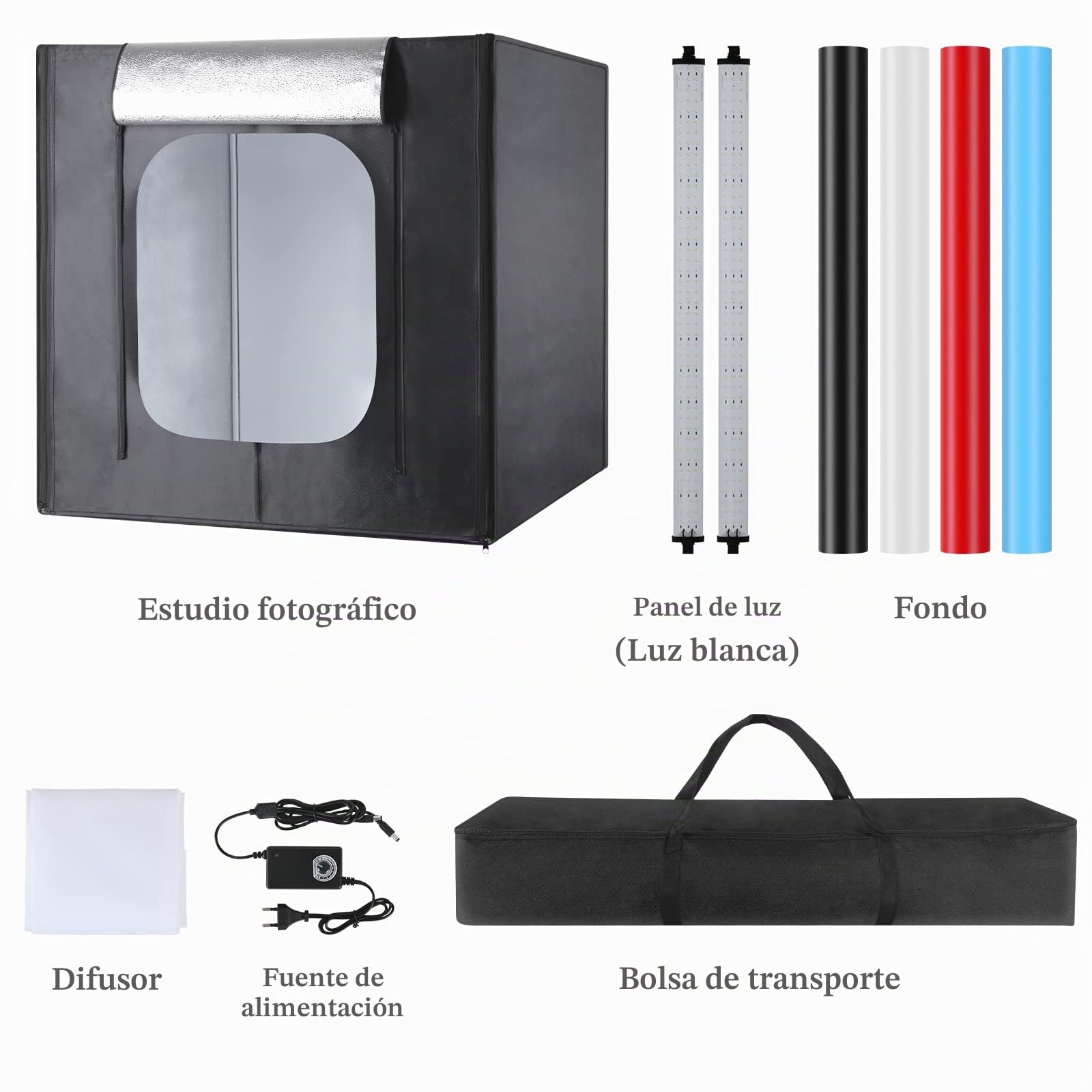 Caja de estudio fotográfico, 80 x 80 x 80 cm portátil, plegable, caja de luz para fotografía, tienda de campaña con luces LED de alta intensidad CRI95 y 5 telones de fondo para fotografía de productos