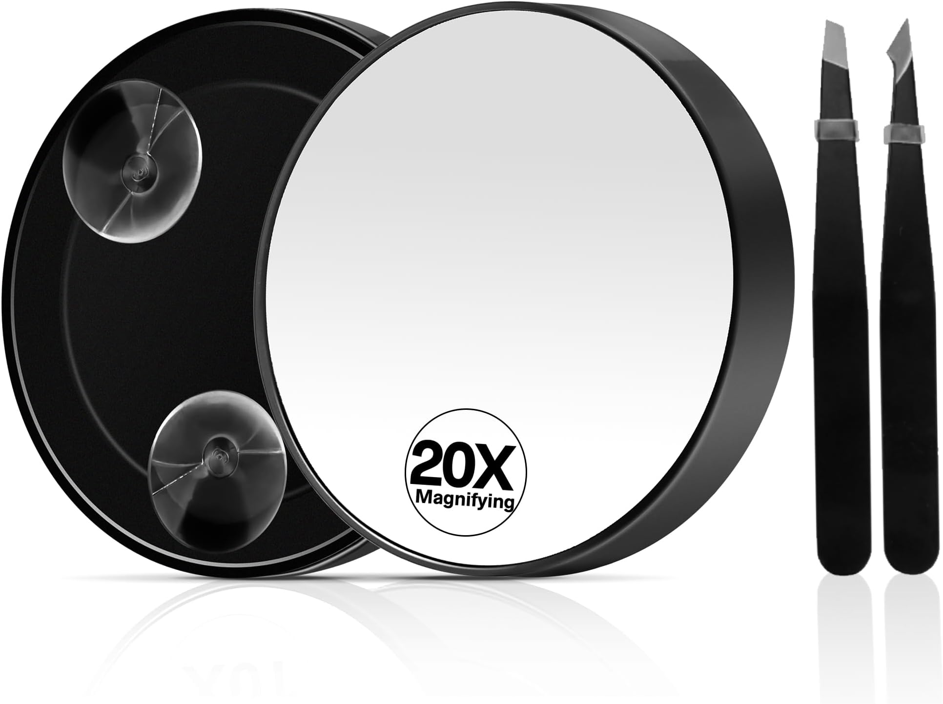 MIYADIVA20X Magnifying Mirror, Magnified Makeup Mirror with 2 Tweezers, Magnifying Mirror with Suction Cup for Bathroom, Travel Mirror for Women, Ideal for Makeup, 3.5 Inches (Black)