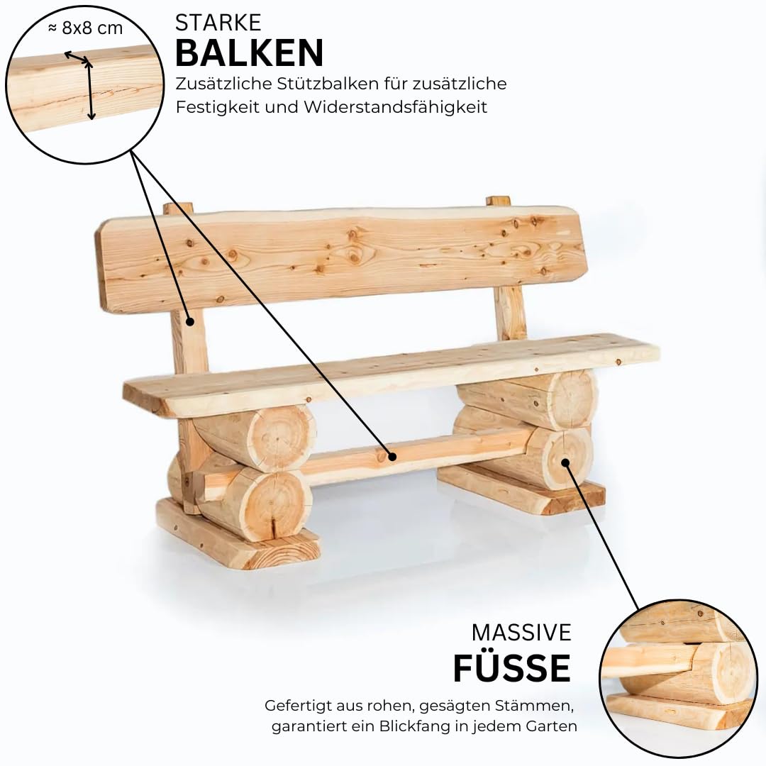 Mega Holz Gartenbank Rustikal Lärche 200 cm - Massivholz Bank aus heimischer Lärche - Fertig montierte Sitzbank für Terrasse, Garten & Balkon mit Rückenlehne - Für 3 Personen, wetterfest & robust