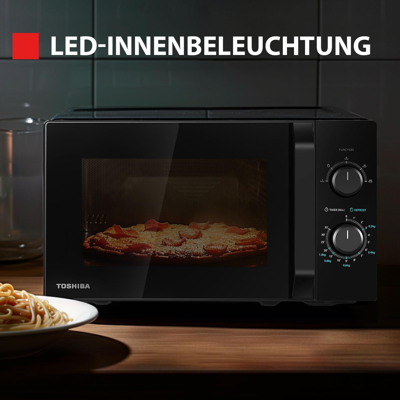 Toshiba MW2-MM20PF(BK) Mikrowelle/Solo-Mikrowelle / / 800W /eistungsstufen mit praktischer Auftaufunktion/LED-Beleuchtung im Innenraum/Schwarz 20L – Bild 5