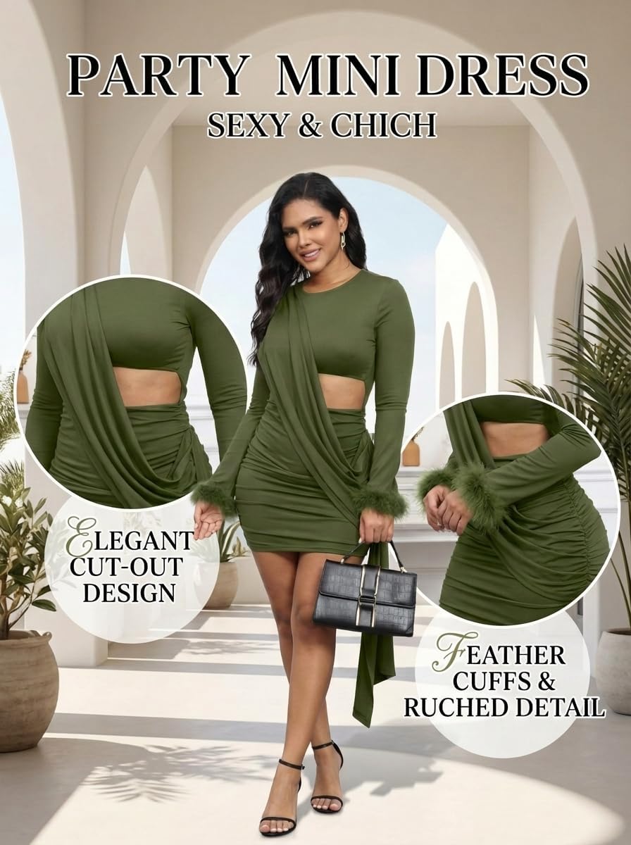 Aro Lora Womens Sexy Ruched Cutout Bodycon Dresses Long Sleeve Fuzzy Cuff Party Club Mini Dress