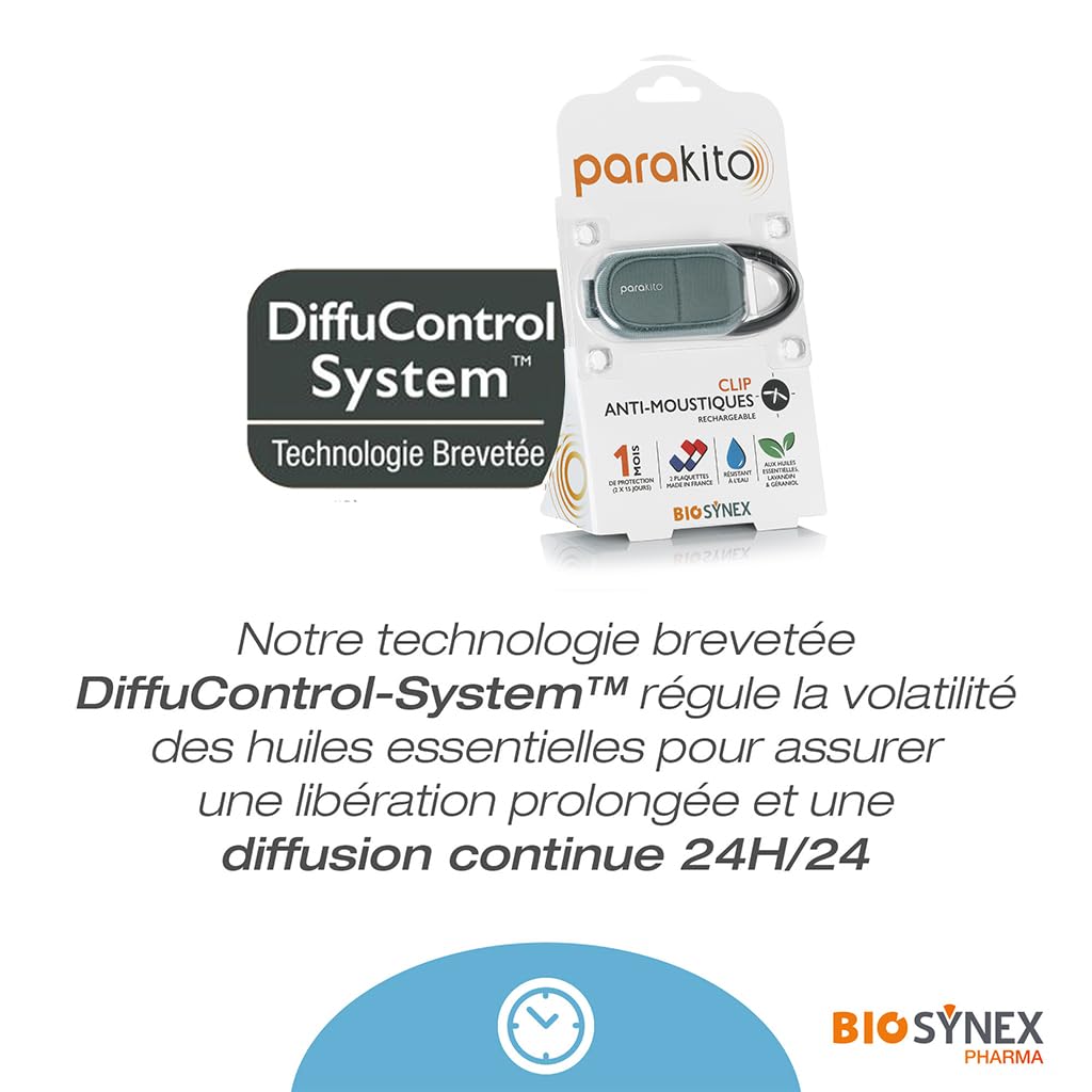 BIOSYNEX - PARAKITO - Clip Anti-Moustiques Réutilisable - 2 Plaquettes Incluses aux Huiles Essentielles - 1 Mois de Protection - Sans DEET - Pour Sac à Dos ou Autre Équipement (Kaki)