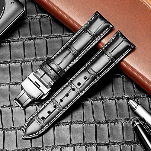 Image of Moran Genuine Leather Band Alligator and Cowhide Replacement Deployment Buckle Watch strap18mm to 24mm Crocodile Leather Strap for Men's and Women's