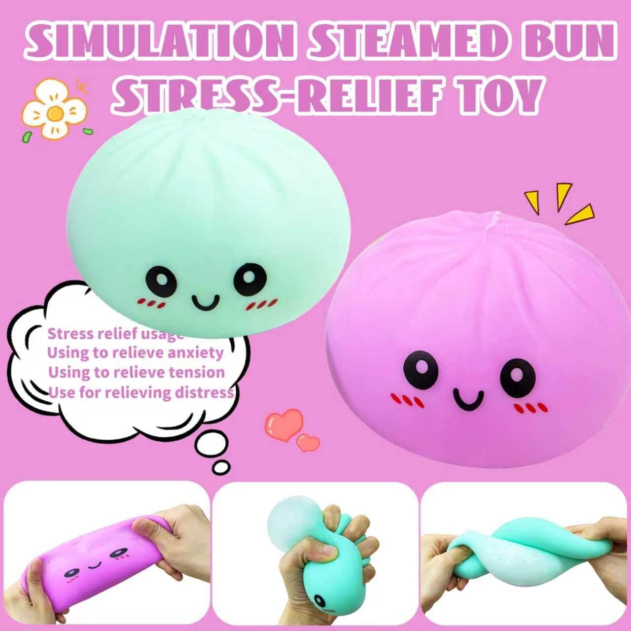 2Pack Dumpling Squishies Toy with Steamer,Colorful Slow Rising Stress Ball,Stretchy Fidget Sensory Toy for Anxiety Relief,Perfect Easter Basket Stuffers for Kids and Adults(Pink+Green)
