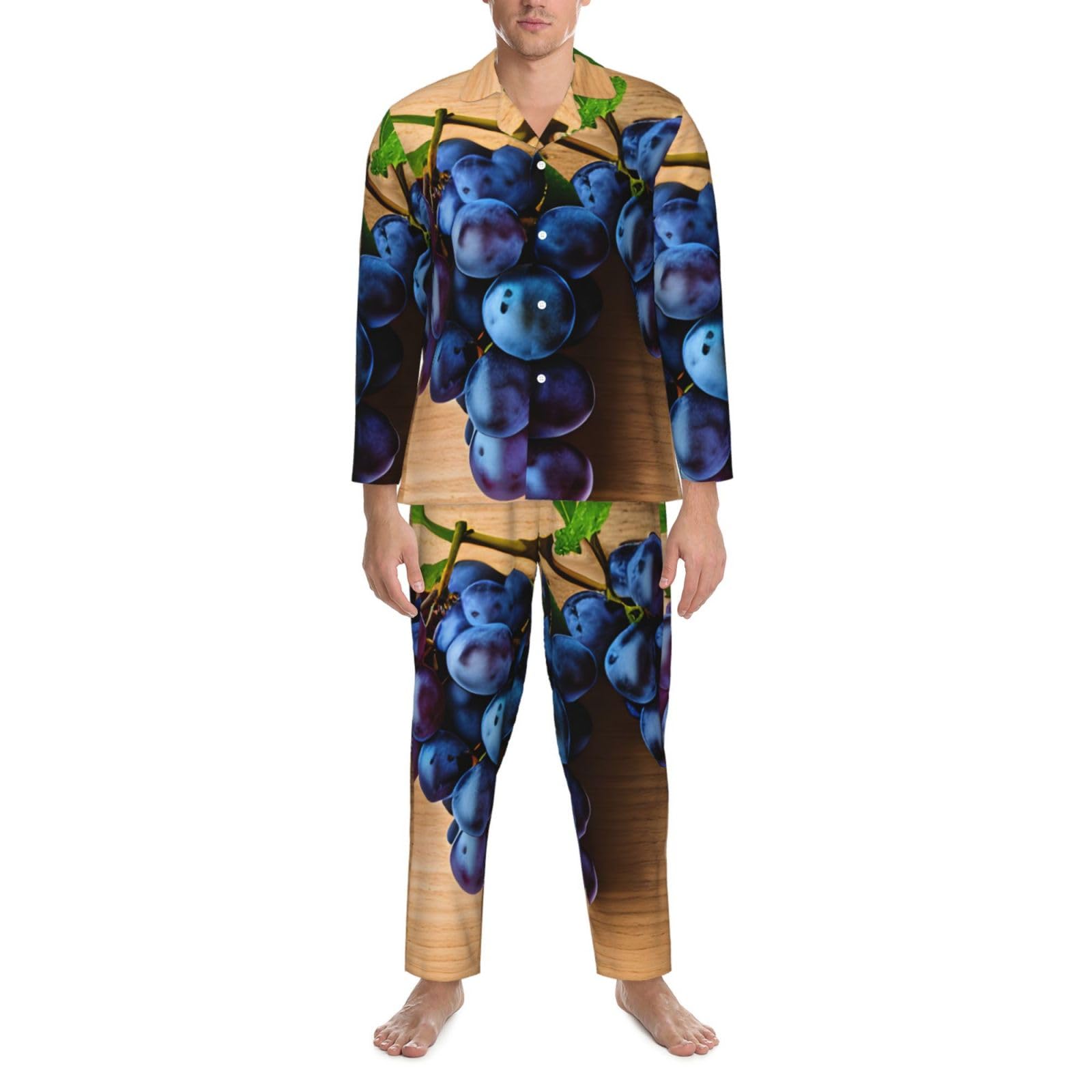 Herren-Pyjama-Set, langärmelig, Traubenmuster, zweiteilig, bequem, Nachtwäsche