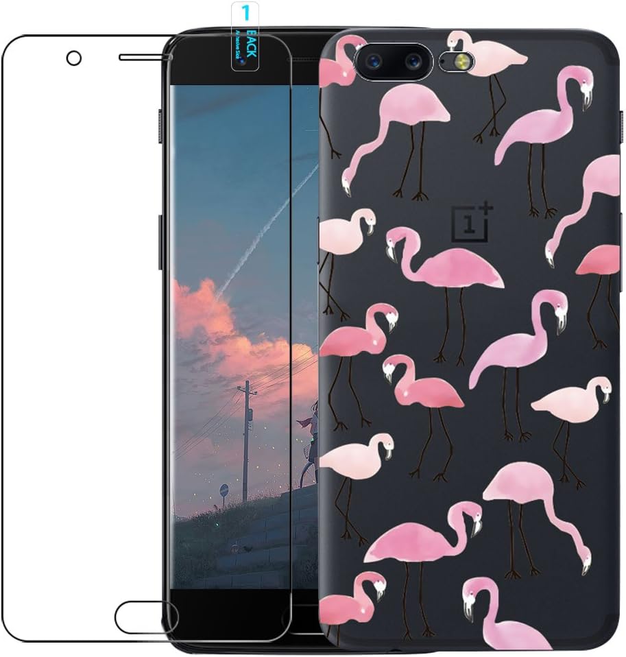 shumeifang Compatible with Oneplus 5 Case with Tempered Glass Screen Protector, Blossom01 Ultra Thin Soft Gel TPU Silicone Case Cover with Cute Cartoon for Oneplus 5 - Flamingo