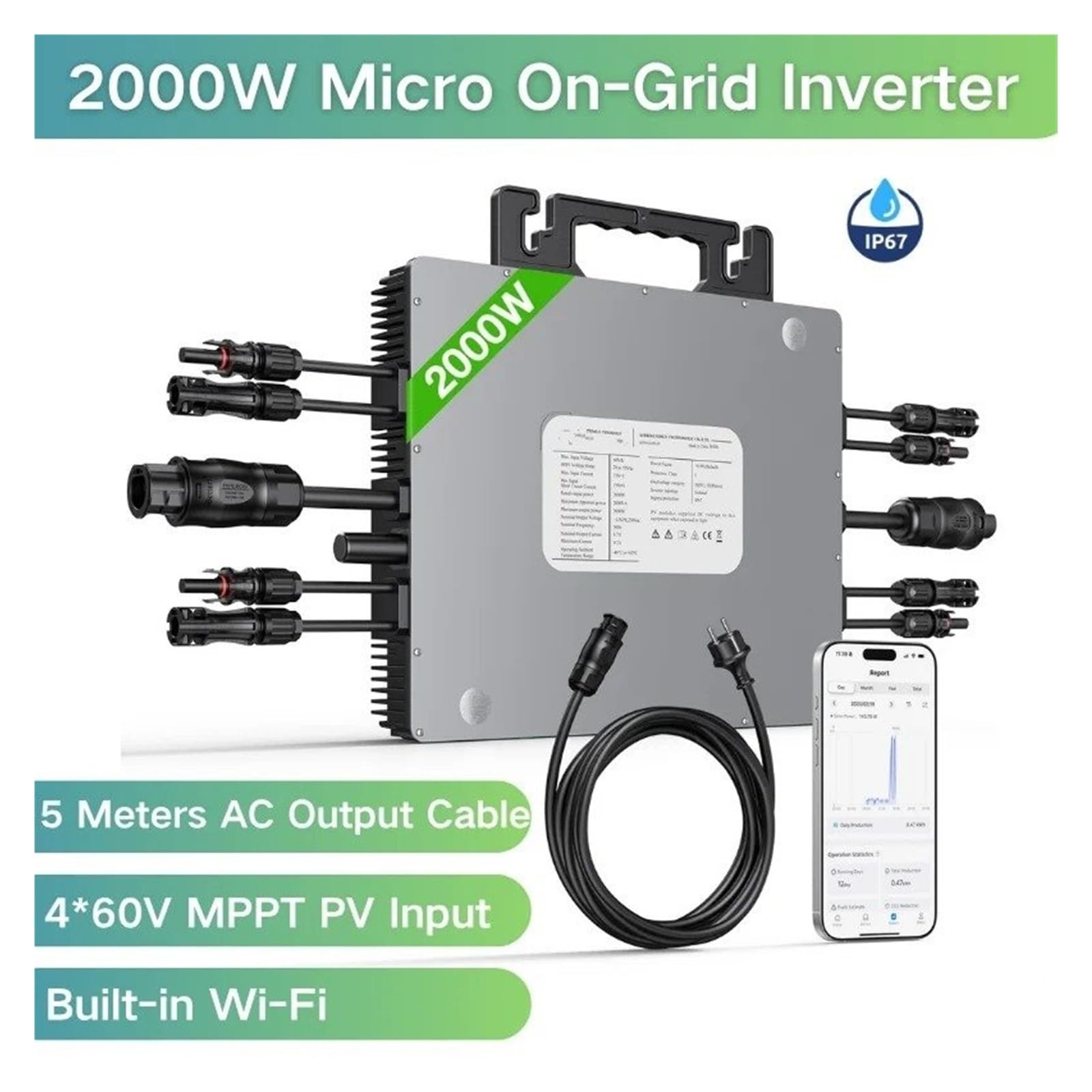Inverter Auto Convertitore Micro Inverter Grid IP67 2000W Plug Play 230 V 50 Hz 4 Ingressi Fotovoltaici MPPT Solare Sul Balcone Casa Wi-Fi Integrato