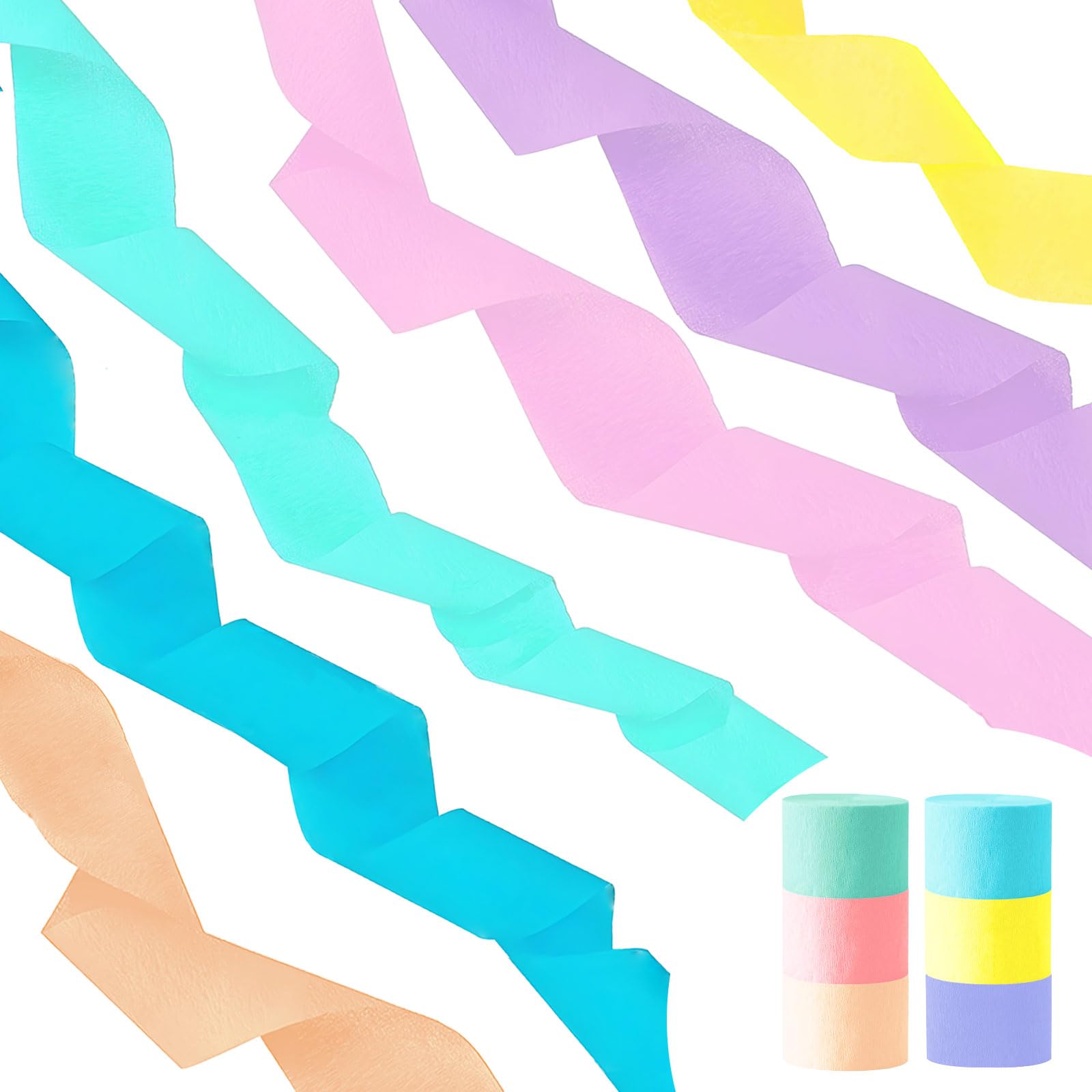 Vsosfiza Pastel Crepe Paper Streamers, Party Streamers for Birthday Party,Graduation,Wedding Decorations,Light Pink, Purple, Yellow, Peach, Green, Blue, 6 Rolls(82 Feet Long x 1.77 Inch) — image 1