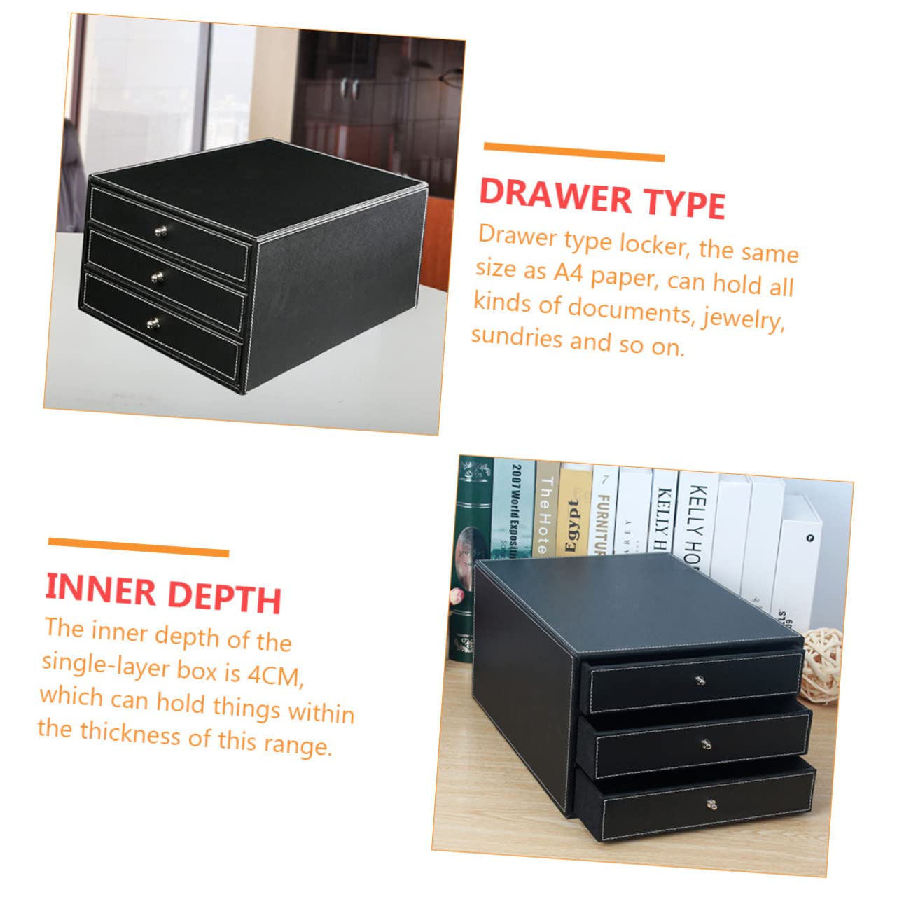 Caja de Archivos de Escritorio de Cuero Negro de Tres Capas | 1 Pieza, Madera y Pu, Fácil de Tomar, para Documentos y Objetos Pequeños, Dormitorio o Sala