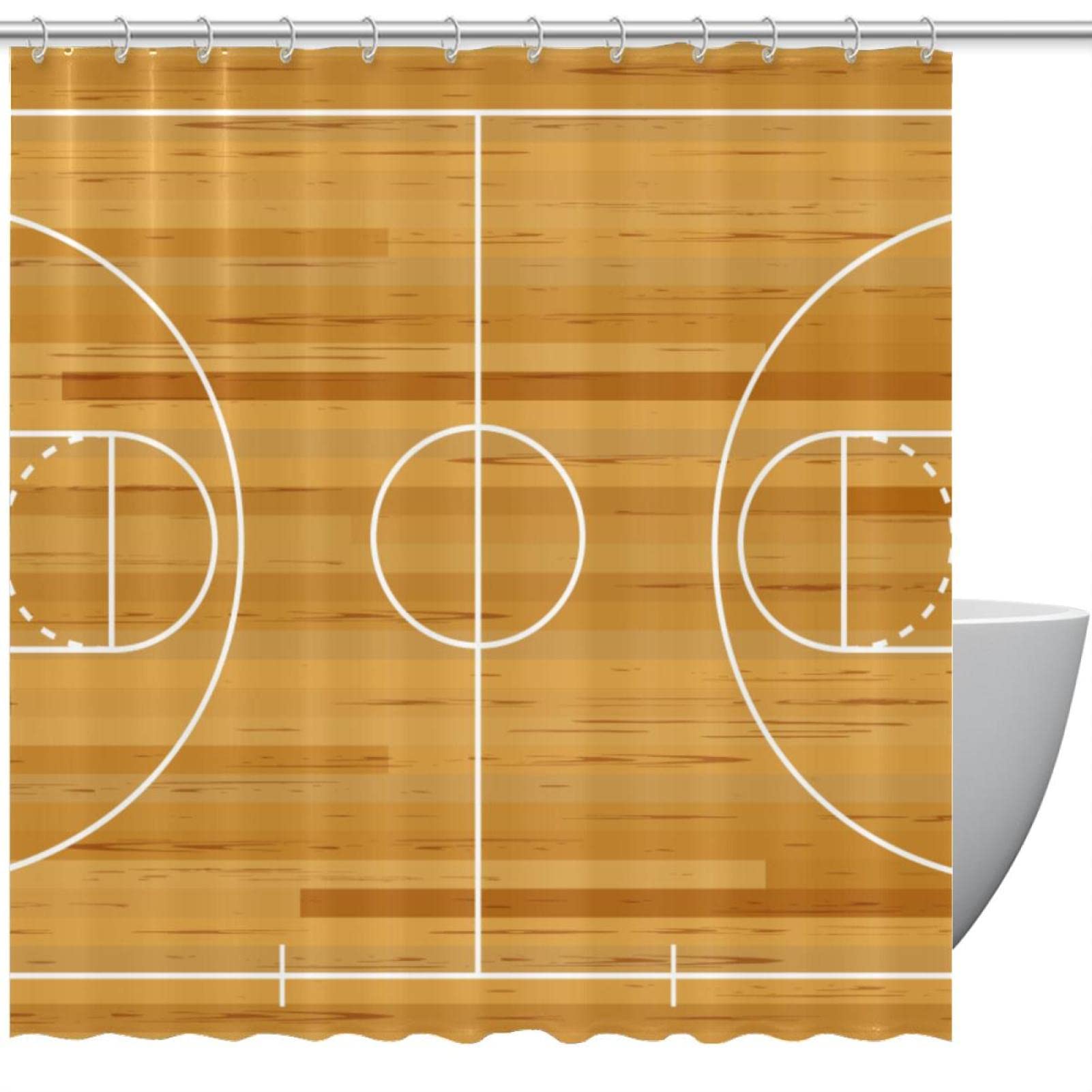 Rideau de douche terrain de basket vintage en bois pour salle de bain