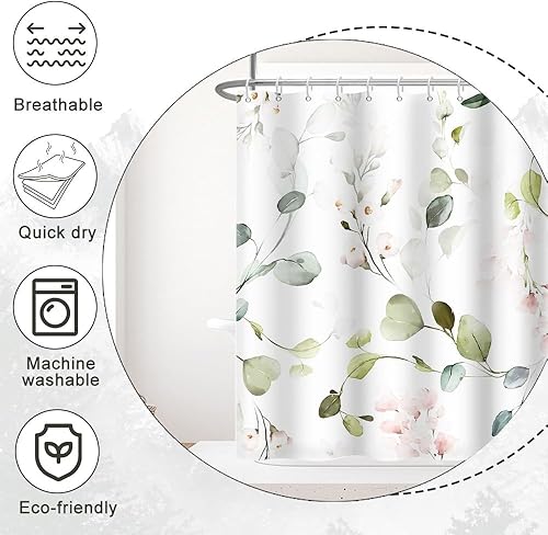 Miniatura 6 de Cortina de ducha de eucalipto verde salvia, juego de cortina de ducha verde y rosa para baño, juego de cortina de ducha impermeable con flores rosas