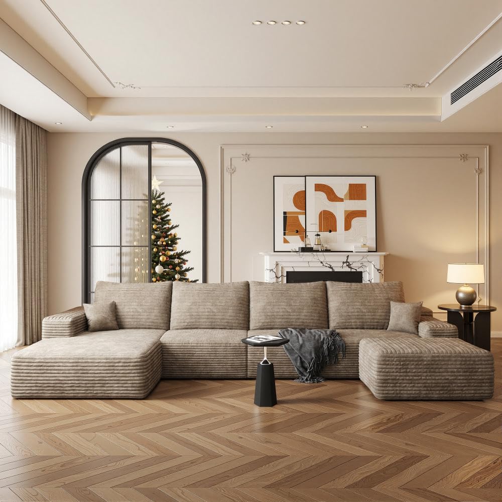 Boneless Couch, Modular Sectional Couches for Living Room, U-Shaped Cloud Couch Sofa with Deep Seat, Fluffy Corduroy Upholstered Corner Sofa