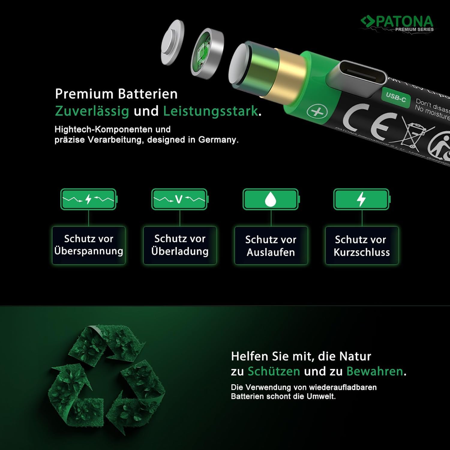PATONA Lot de 2 Piles de détecteur de fumée USB-C 9 V / 3,6 Wh/Rechargeable Via USB-C (500 mA), câble de Charge USB-C avec 2 Ports - 1413