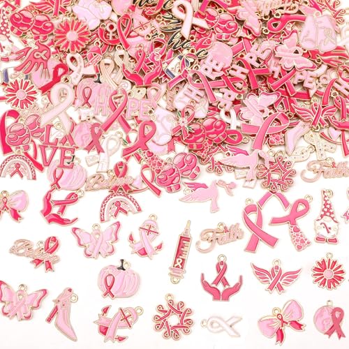 SANNIX 200Pcs Breast Cancer Charms for Jewelry Making Pink Ribbon Cancer Awareness Charm Hope Pendants for Bracelets Necklaces Earrings Craft Making Accessories