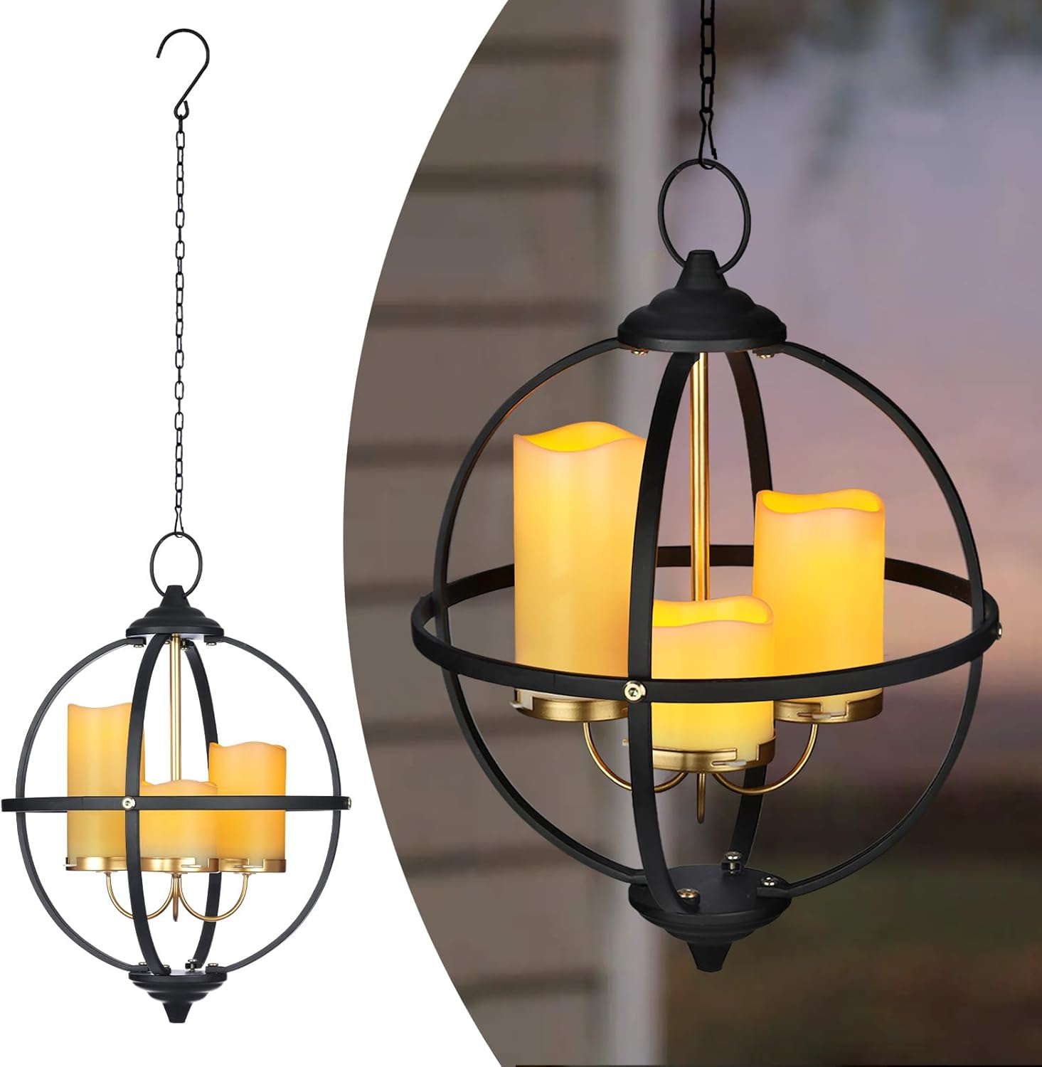 Battery Operated Outdoor Candle Chandelier - Black and Gold Metal Globe Hanging Pendant Light with 3 Flameless Candles, Waterproof Lights for Gazebo, Pergola, Garden, Porch & Backyard