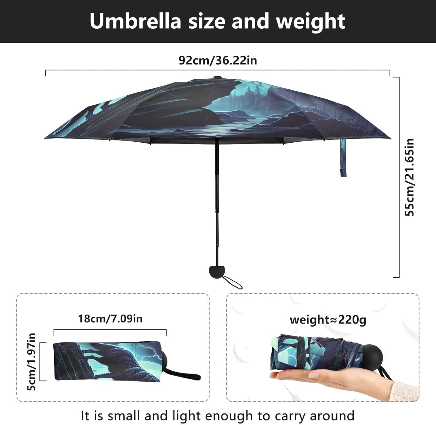 Black Wolf Umbrella, Lightweight Durable Umbrella for Sun for Women, Travel Umbrellas for Sun