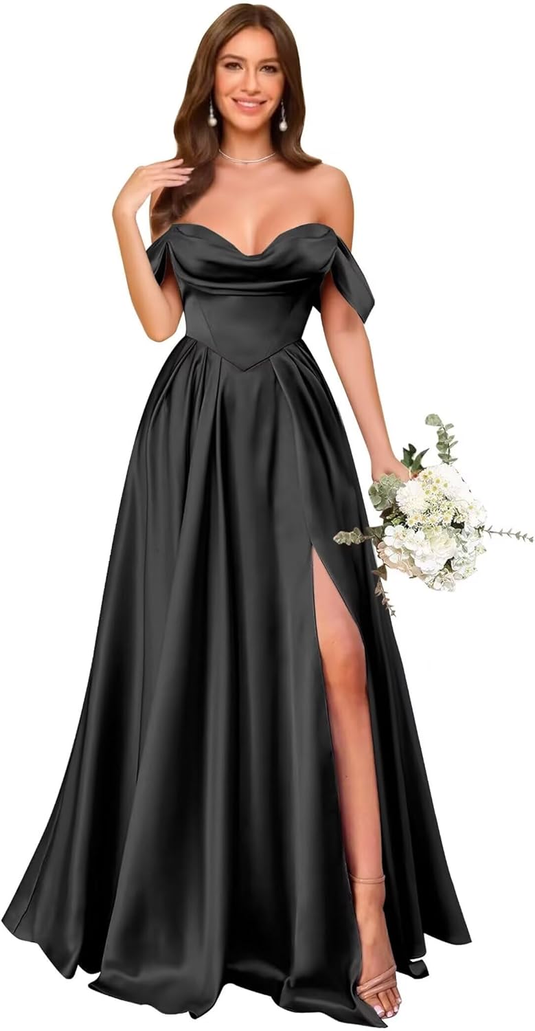 Satin Bridesmaid Dresses Off Shoulder Pleated Formal Party Gown with Slit Maxi Prom Dress for Women Elegant