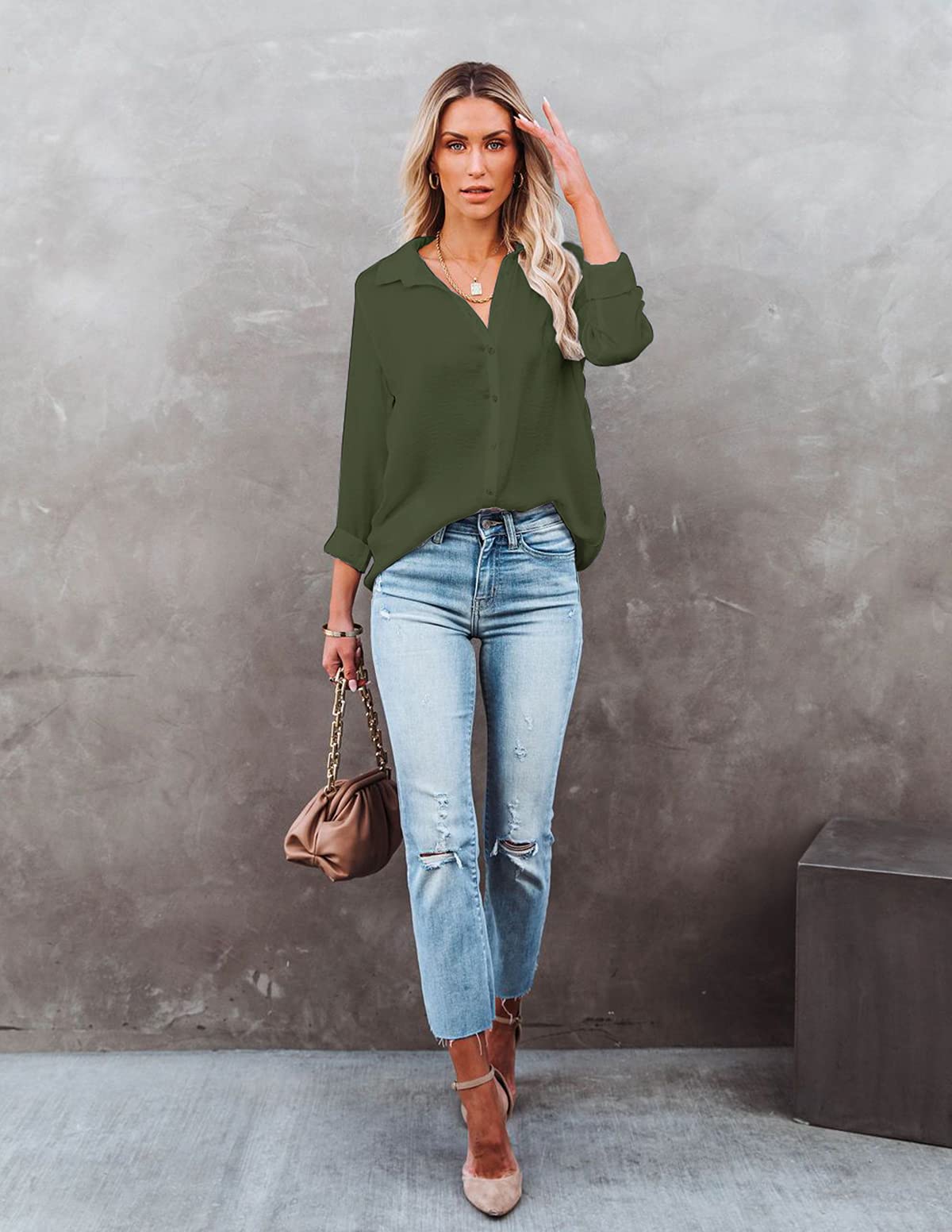 Diosun Camisas de manga larga y corta con cuello en V y botones para mujer, para oficina, casual, negocios, blusas lisas