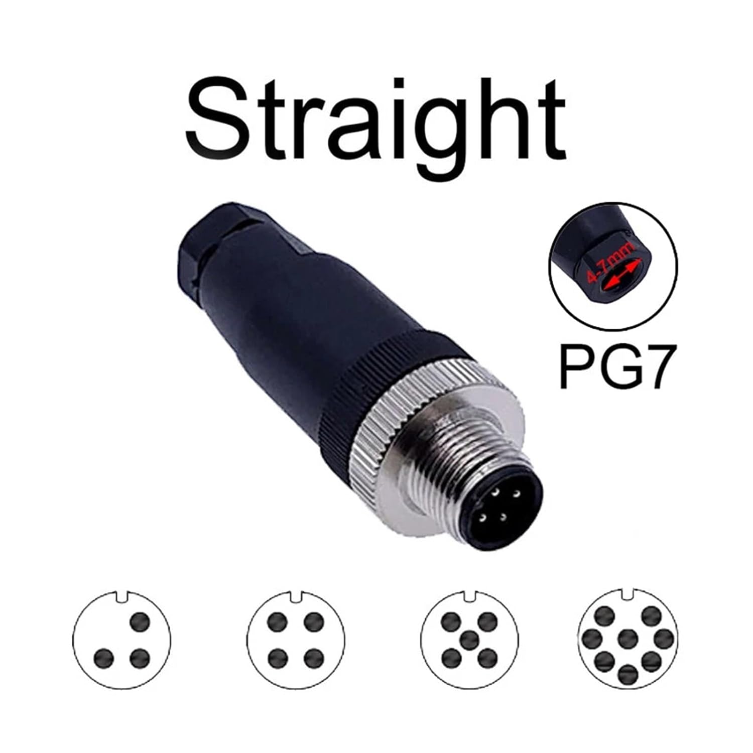 Sensor Connector M12 Male&Female Straight&Angle Screw Threaded Plugs Coupling 4 5 8 Pin A Type 1Pcs(Straight Male PG7,5P)
