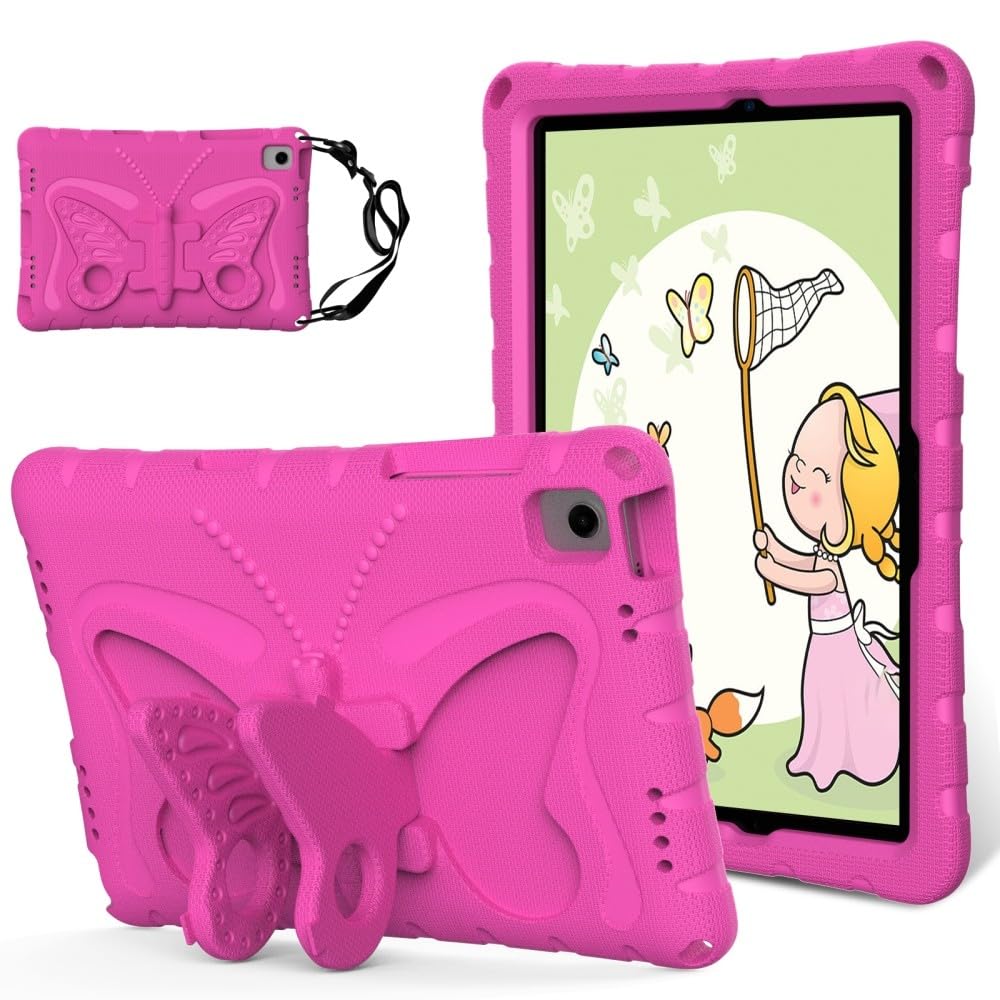 Coque Samsung Galaxy Tab A11 Plus rose vif avec support papillon rigide en silicone