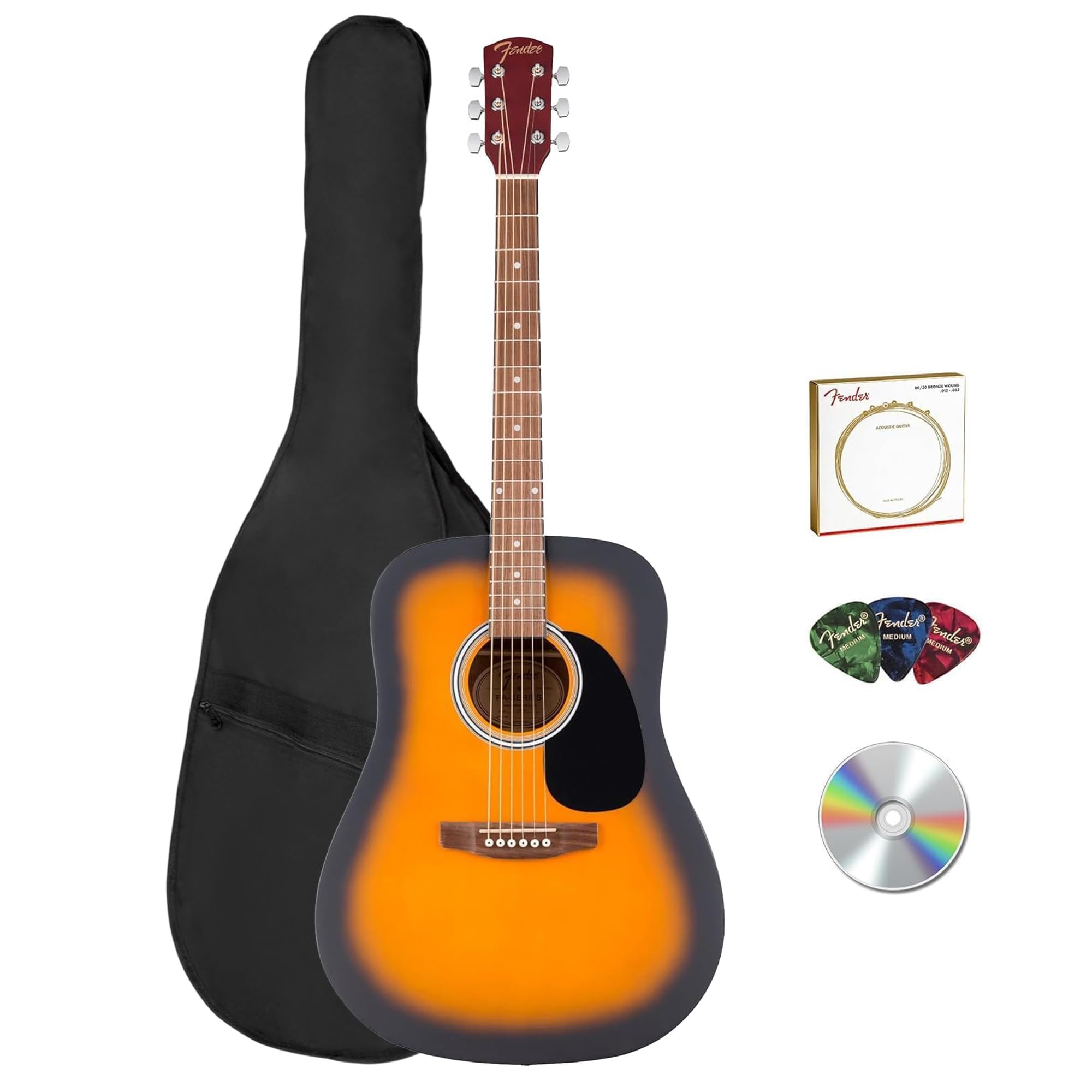 Fender FA Series Dreadnought Acoustic Guitar - 2-Color Sunburst Bundle with Gig Bag, Strings, Picks, and Austin Bazaar Instructional DVD