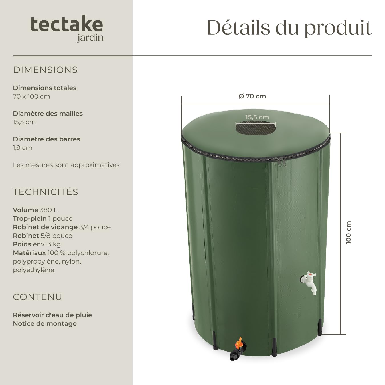 tectake® Récupérateur Eau de Pluie Pliable Réservoir d'eau Cuve Eau de Pluie Filtre en Filet Inoxydable Résistant aux Intempéries pour Arrosage Jardin Potager Plantes Arrosage Gazon - 380 litres