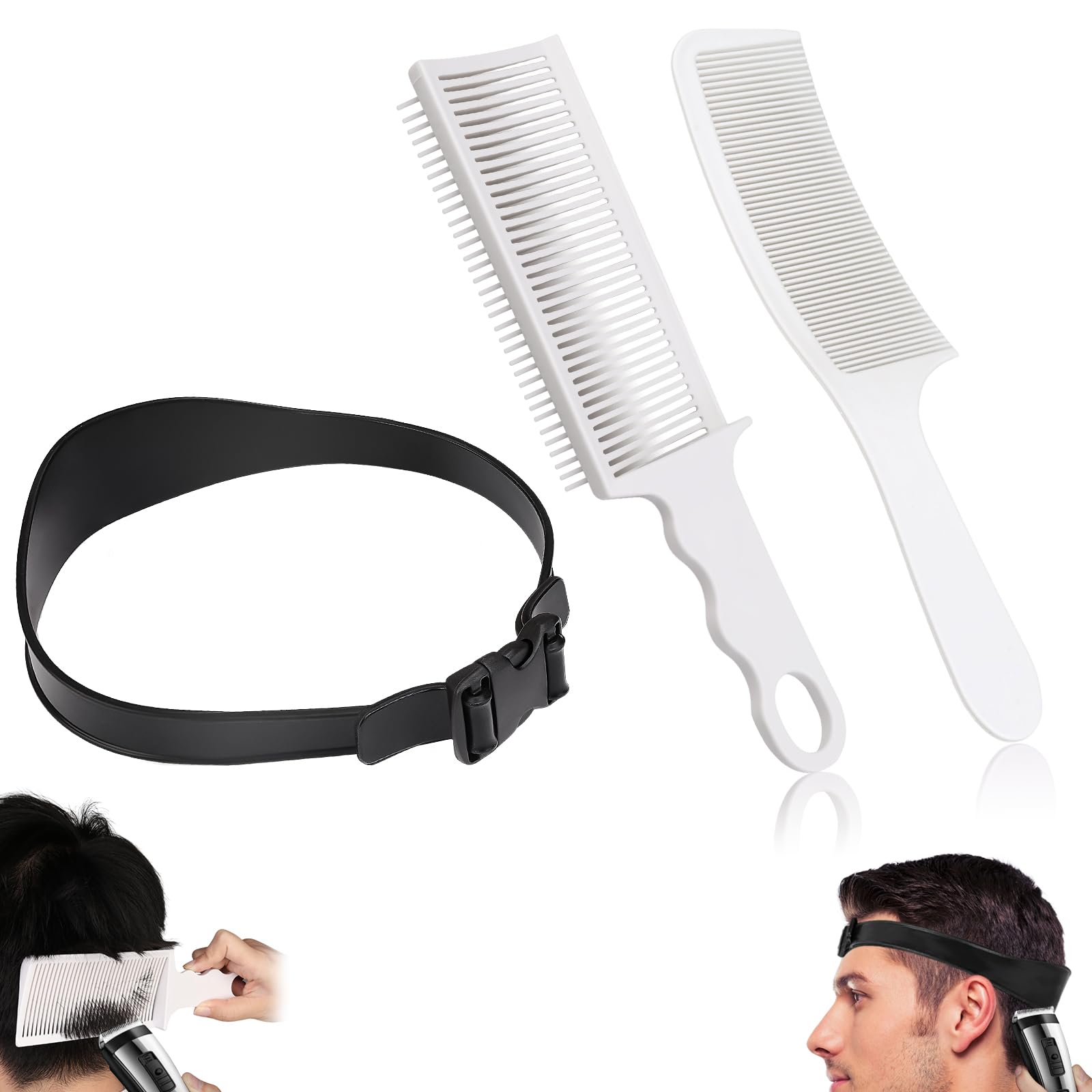 Fade Hair Trimming Guide for Men Haircut, Adjustable Silicone Curved Haircut Band, Curved Positioning Comb and Flat Top Comb for Home DIY Haircuts, Self Haircut Kit Guide Salon Styling Tools