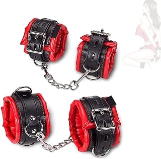2 paires de menottes réglables en cuir éponge rouge et noir pour accessoires de jeu
