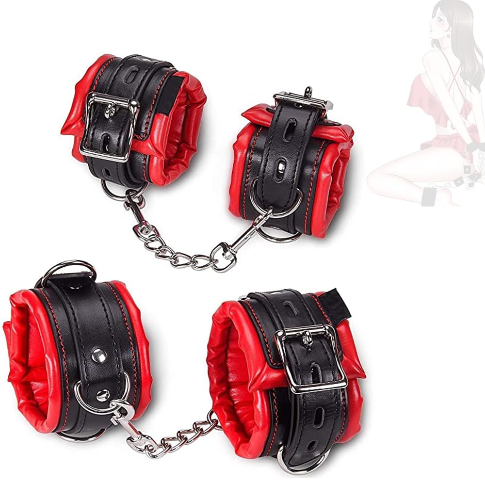 2 paia di manette regolabili in pelle rossa e nera per giochi di spugna