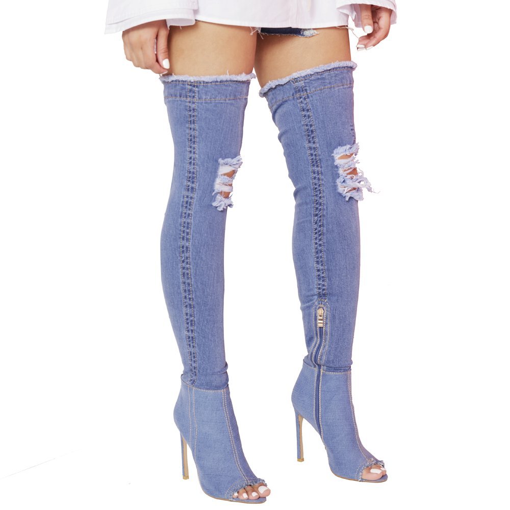 STASSI Womens Denim Over The Knee Thigh High Boots (7, Denim Blue)