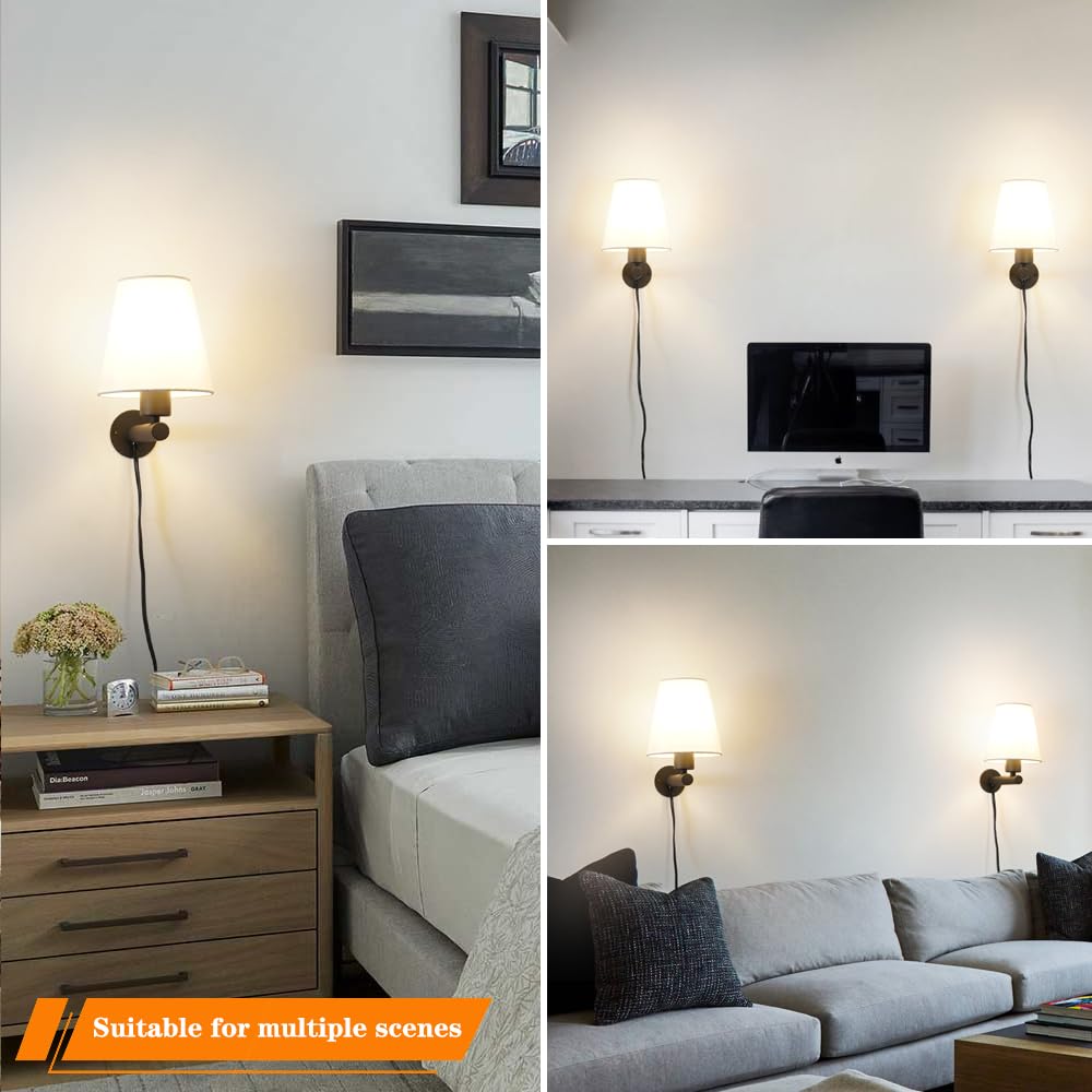 Juego de dos apliques de pared negros enchufables, lámpara de pared con interruptor de encendido/apagado con cable de enchufe, lámpara de pared negra enchufable, luz de pared de cabecera con tela de 3