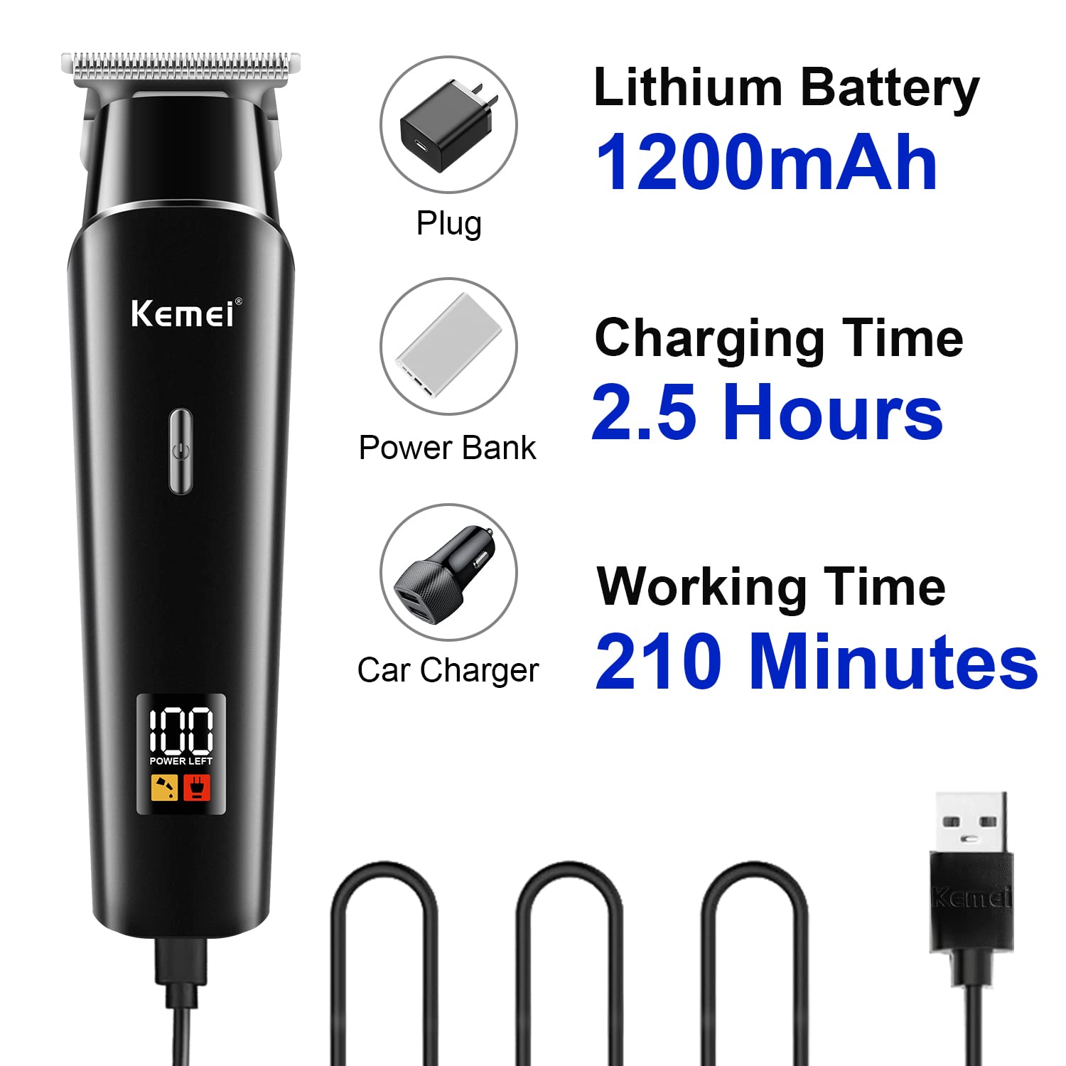 KEMEI Black Hair Clippers for Men, Electric Cordless Clippers for Hair Cutting, Professional Barber Clippers, USB Rechargeable Wireless Haircut Clippers km-1113 - Image 4