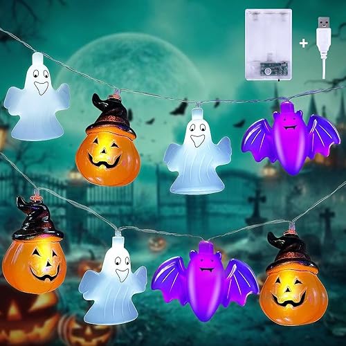 Lecone Guirnalda de luces de Halloween, 13 pies, 20 luces LED grandes 3D fantasma, murciélago, calabaza, luces USB y funciona con pilas, luces de