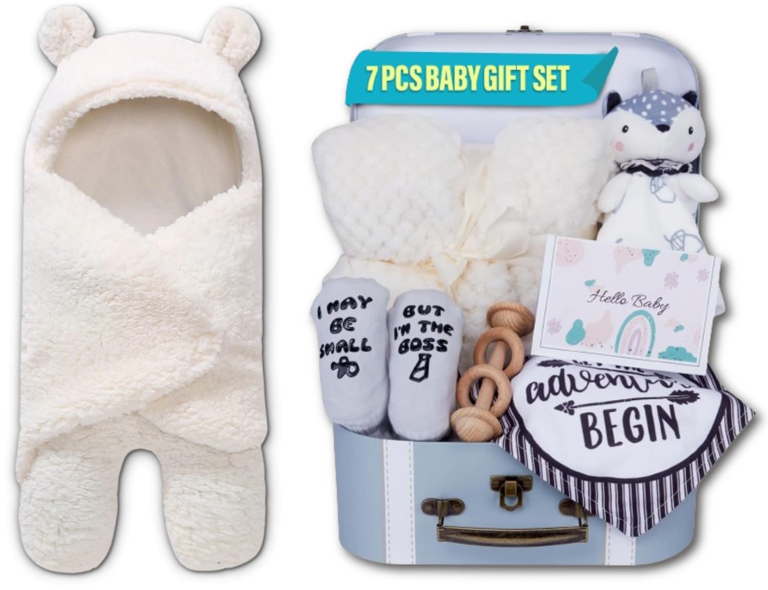 BlueMello Set Bundle | Cute with Swaddle Blanket, Newborn Blanket, Security Blanket, Wooden Rattle Toy, Baby Bib and Socks, Greeting Card | Ideal for Infants 0-12 Months
