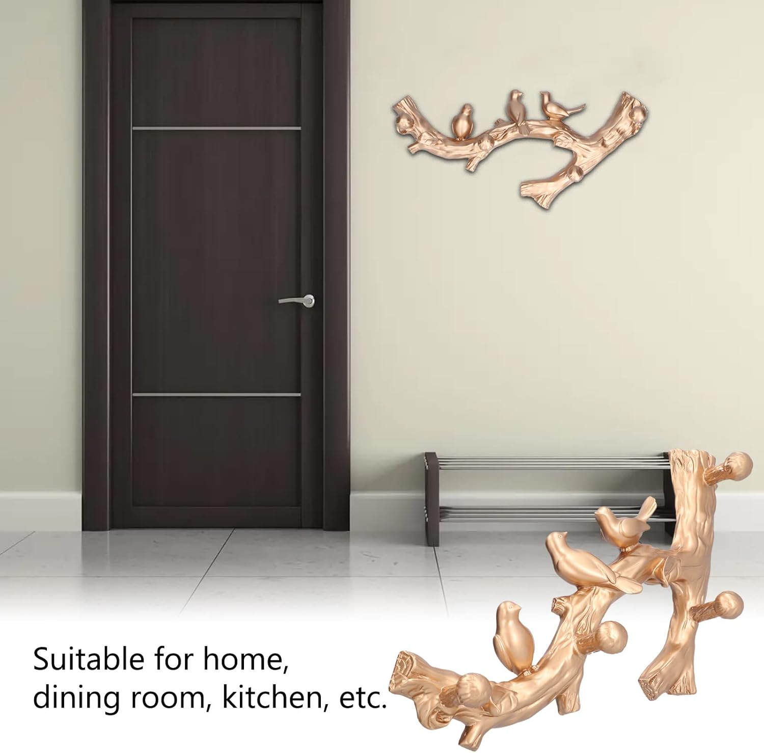 Golden Bird Branch Shape Decorative Hook, Wall Mounted 3D Home Decor Hook for Towels Coats Robes, Resin Wall Hook Set for Bathroom Kitchen Cafe (Small Size (29.5cm))