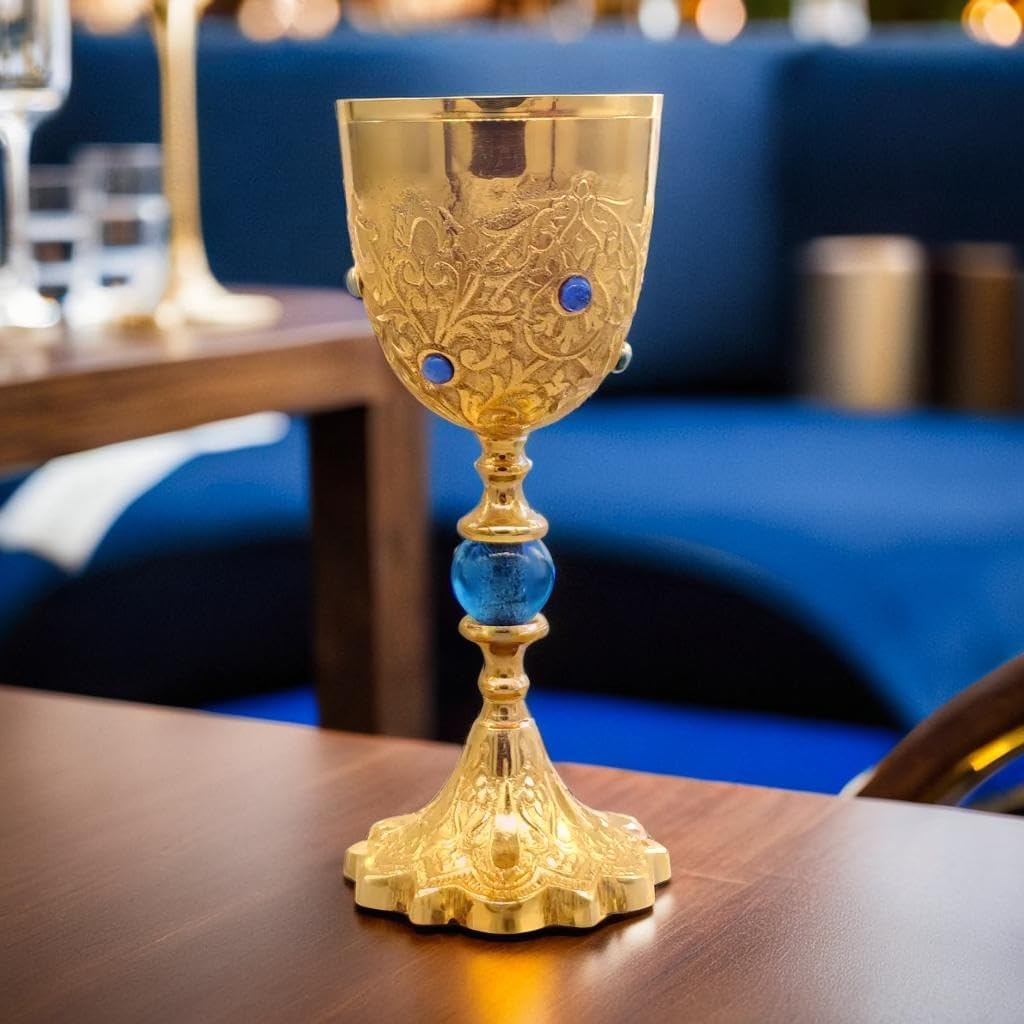 REPLICARTZ Gold Brass Chalice Goblet with Blue Stones – 7.5” Handmade Catholic Communion Cup, Medieval Wine Goblet for Mass, Religious Ceremony, or Altar Décor – 210 ml With Velvet Box