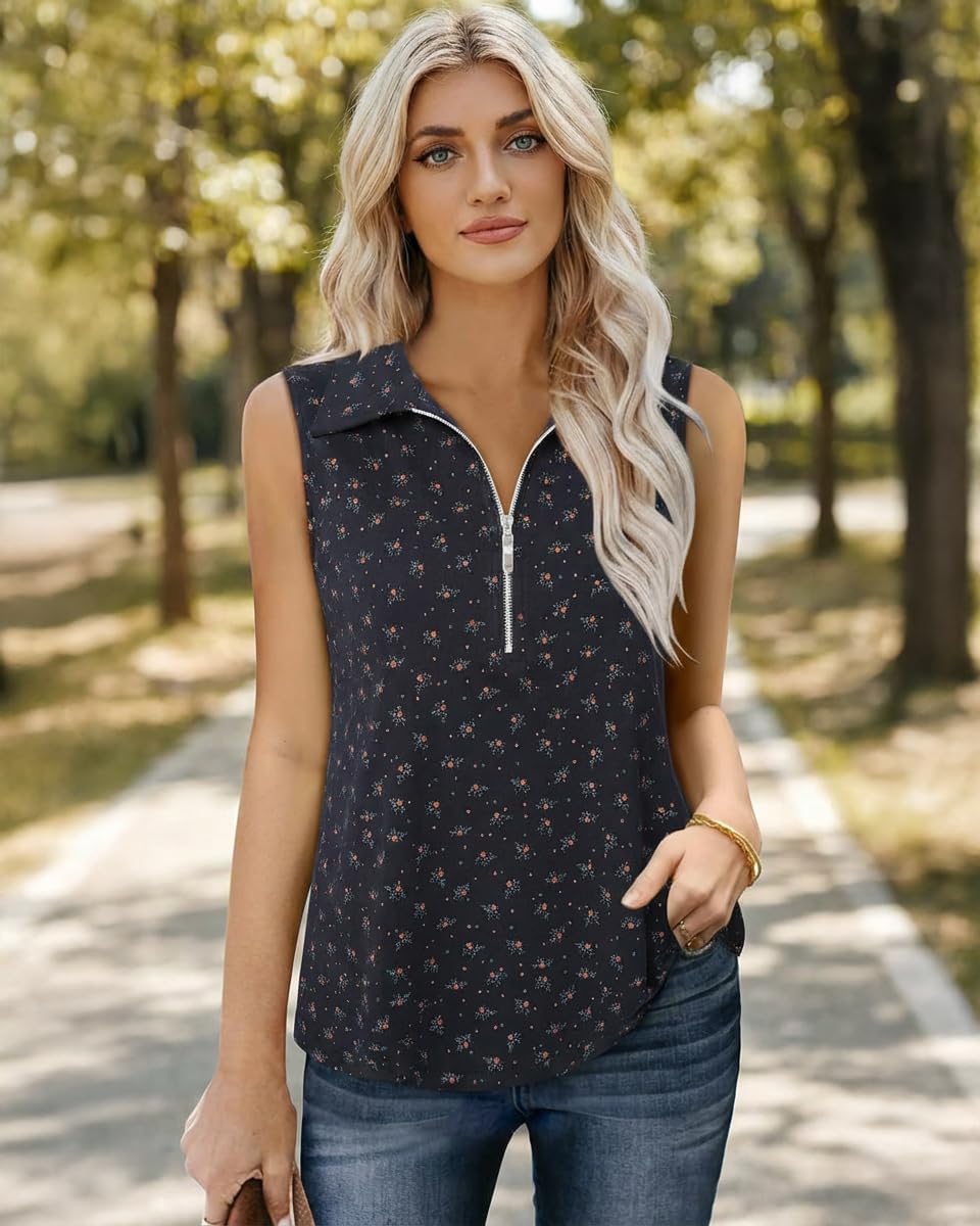 Vivilli Womens Ribbed Tank Top Zipper V Neck Dressy Casual Blouses Sleeveless Camisole Tops Work Tank Polo Shirts - Image 5