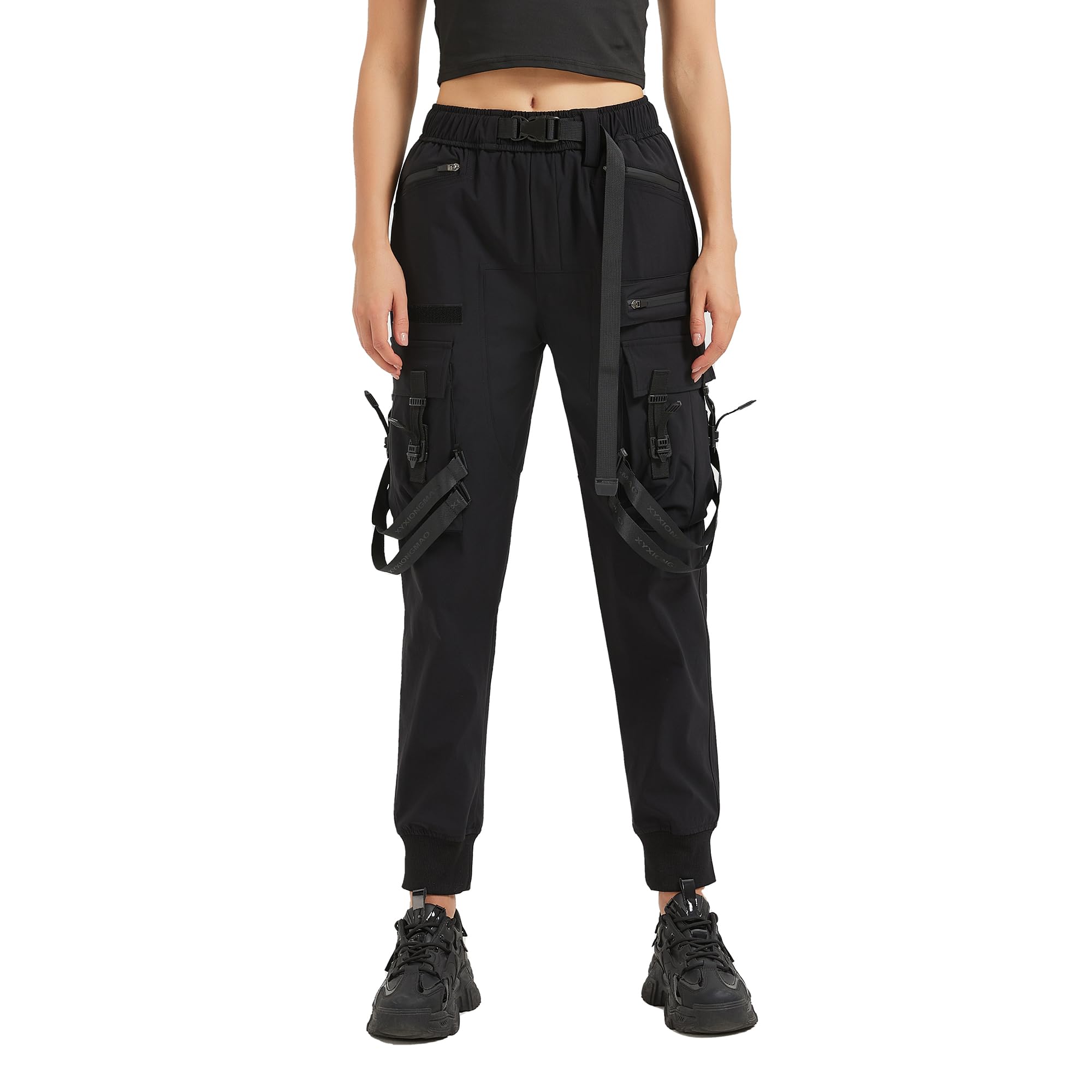 Funktionelle Techwear Punk Dark Goth Hose, Jogger, taktische 7 Taschen, hohe Taille, schwarze Cargohose für Damen