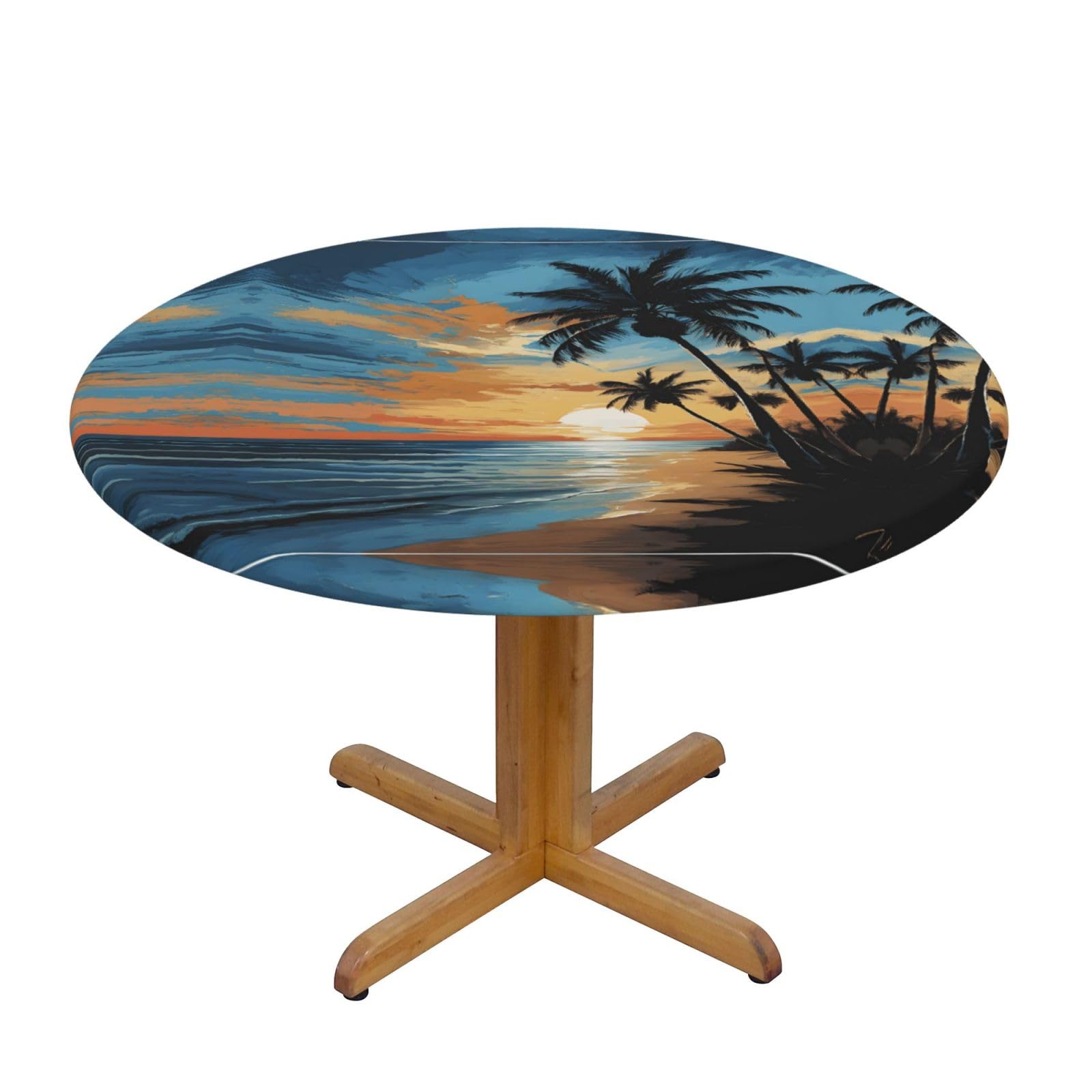 ESNAIUVCD Tropical Sunset print Waterproof Round Tablecloth,Outdoor Table Cloth with Elastic Edged, Elastic Tablecloth Wipeable, Garden Table Cloth Suitable for sizes 90cm-140cm