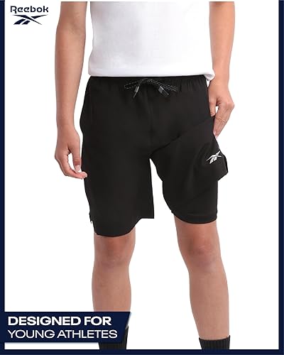 Miniatura 5 de Reebok Pantalones cortos de baloncesto 2 en 1 con forro de compresión y bolsillos, pantalones cortos deportivos para niños para gimnasio y correr