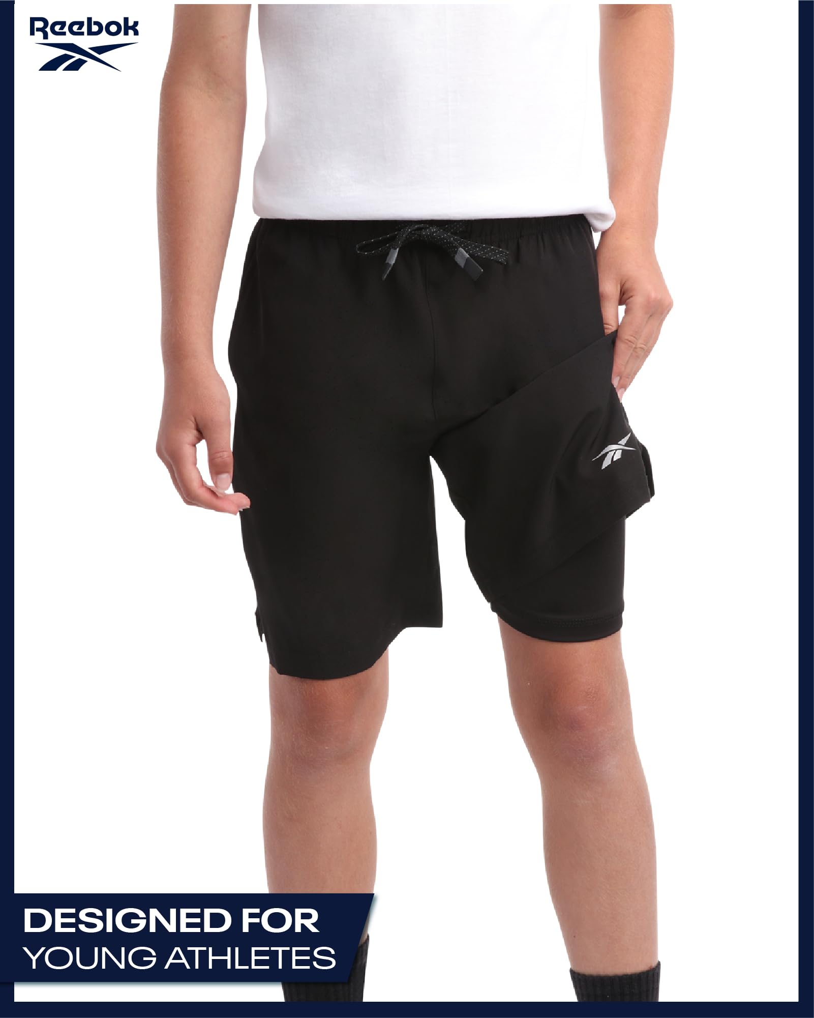 Reebok Pantaloncini da Corsa 2 in 1 da Ragazzo, Fodera a Compressione, Cavallo 12,7 cm, Pantaloncini da Corsa in Tessuto ad Alte Prestazioni (40-48)
