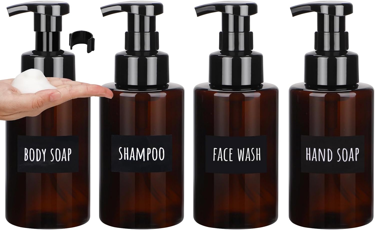 Segbeauty 13.5oz 4pcs Foaming Hand Soap Dispenser Refillable, Empty Foaming Soap Dispenser with Pump, 400ml Plastic Foamer Bottle, Amber Foam Pump Bottle with Waterproof Labels for Bathroom Kitchen