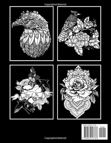 Midnight Birds & Flowers Tattoo Coloring Book: Vivid Illustrations On Black Background Gift Idea For All Ages, Men And Women Anxiety Relieving & Fun #TOP1
