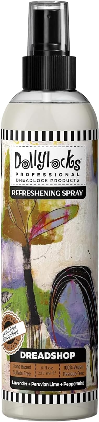 Dollylocks Refreshening Spray for Locs, Braids, Extensions, Dreadlocks | Lavender Lime Peppermint | Plant-based, Residue-free, Sulfate-free | Refresh Moisturizing Scalp Relief | 8 oz
