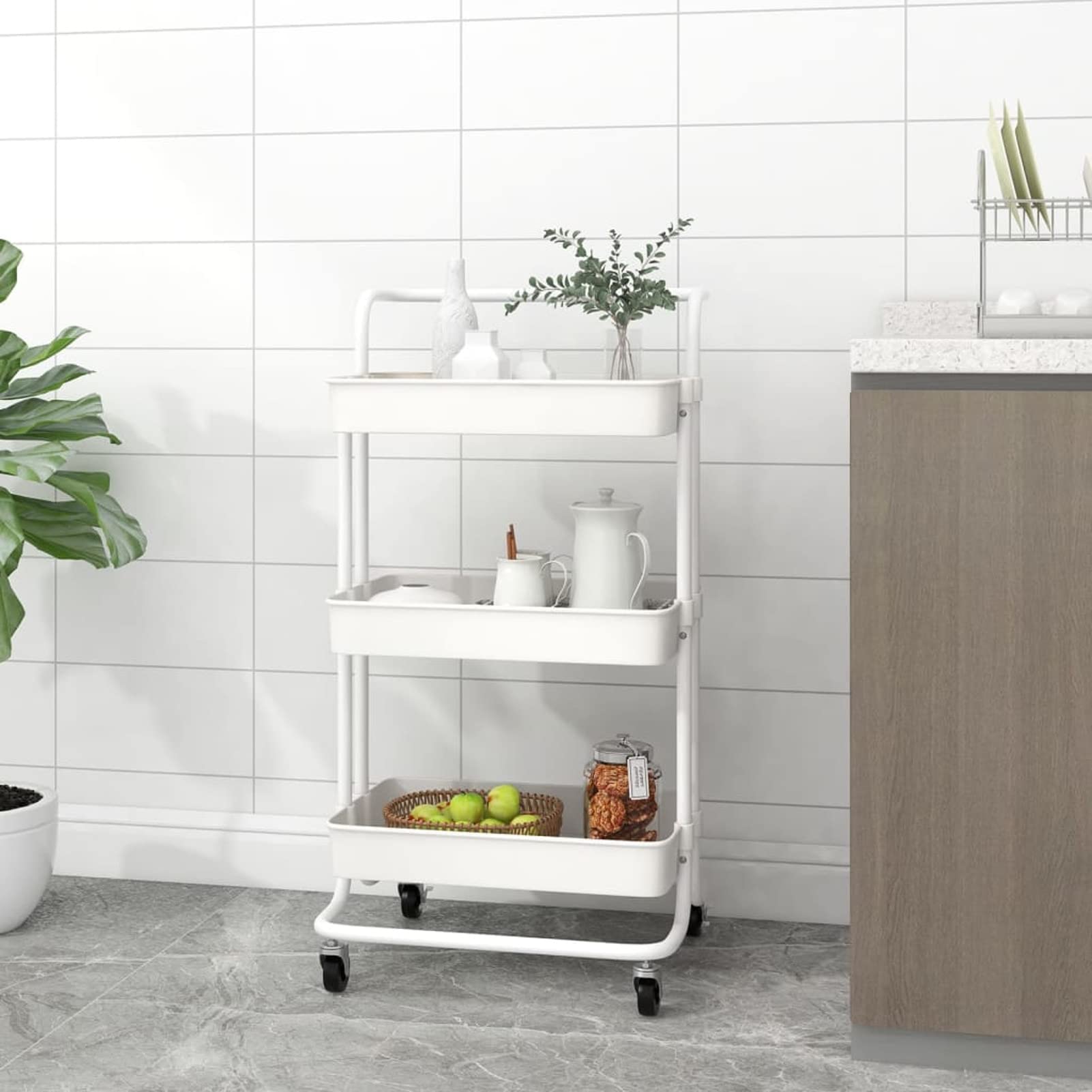 Chariot de Cuisine 3 Niveaux Blanc 42x35x85 cm Fer et ABS,Panier A Roulette Cuisine,Casiers Et Supports De Cuisine